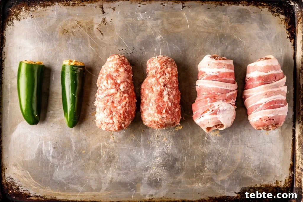 Smoky Bacon-Wrapped Armadillo Eggs: Juicy Jalapeño Poppers with Cream Cheese 4 Armadillo eggs in various stages of being wrapped in sausage and bacon on a rimmed baking sheet.