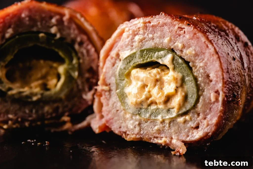 Smoky Bacon-Wrapped Armadillo Eggs: Juicy Jalapeño Poppers with Cream Cheese 7 Sliced bacon wrapped armadillo egg on a serving platter.