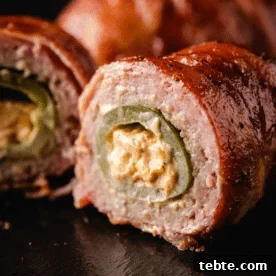 Smoky Bacon-Wrapped Armadillo Eggs: Juicy Jalapeño Poppers with Cream Cheese 8 Sliced bacon wrapped armadillo egg on a serving platter.