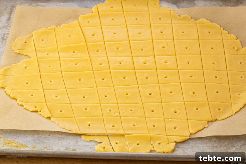 Crispy Homemade Cheese Crackers Recipe for Snack Lovers 5 orange dough for crackers rolled out thin and sliced into squares with a small hole in the center