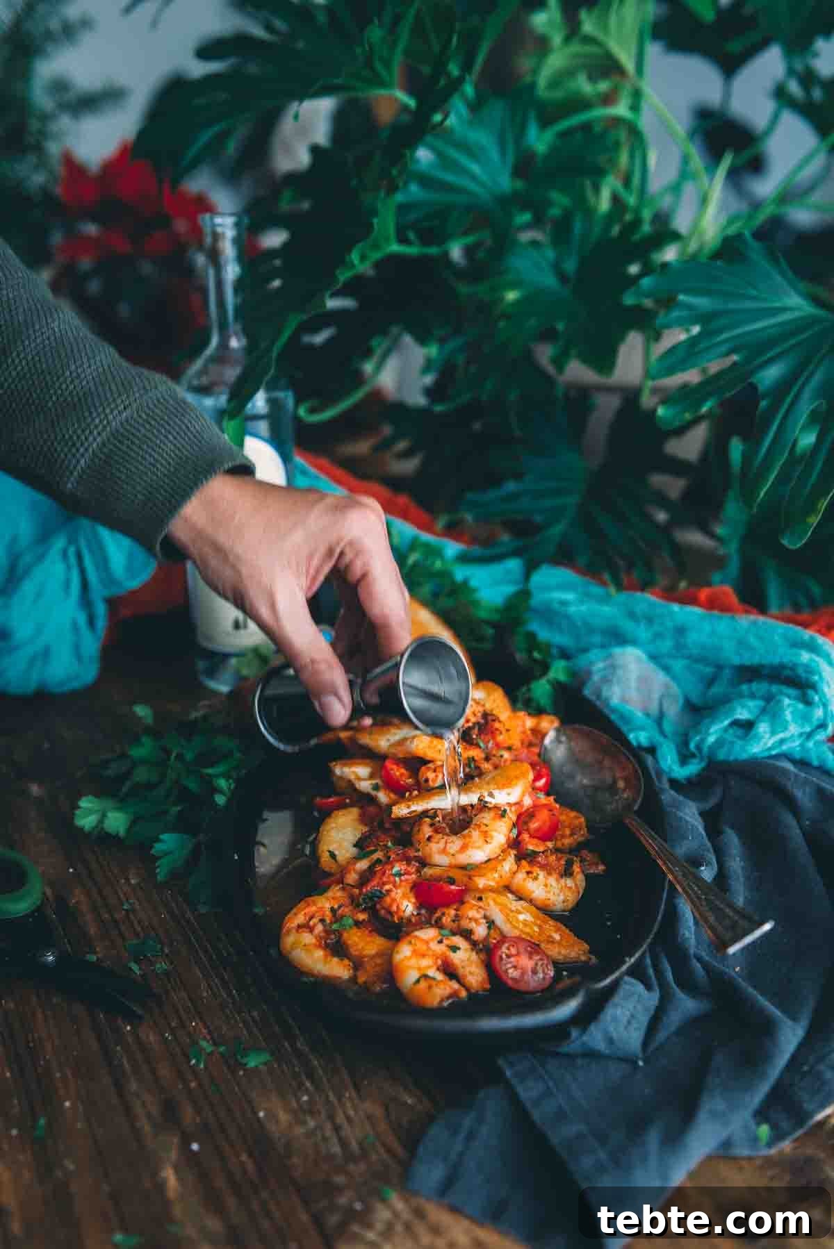 Crispy Halloumi Shrimp Saganaki with Tomato and Feta 11 Hand pouring ouzo over saganaki.