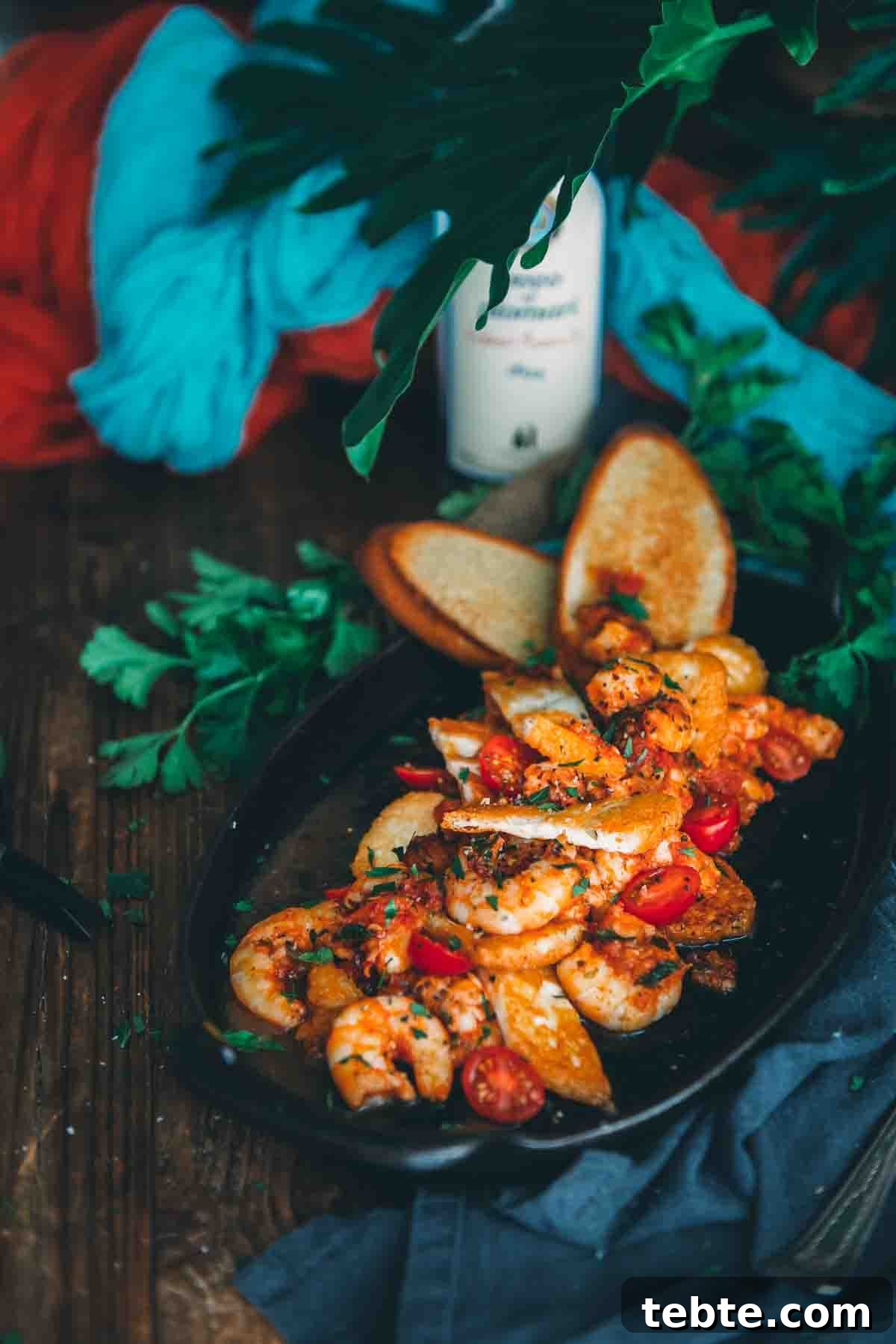 Crispy Halloumi Shrimp Saganaki with Tomato and Feta 13 Fresh prawns and crispy fried cheese on a platter with fresh tomatoes and minced herbs.