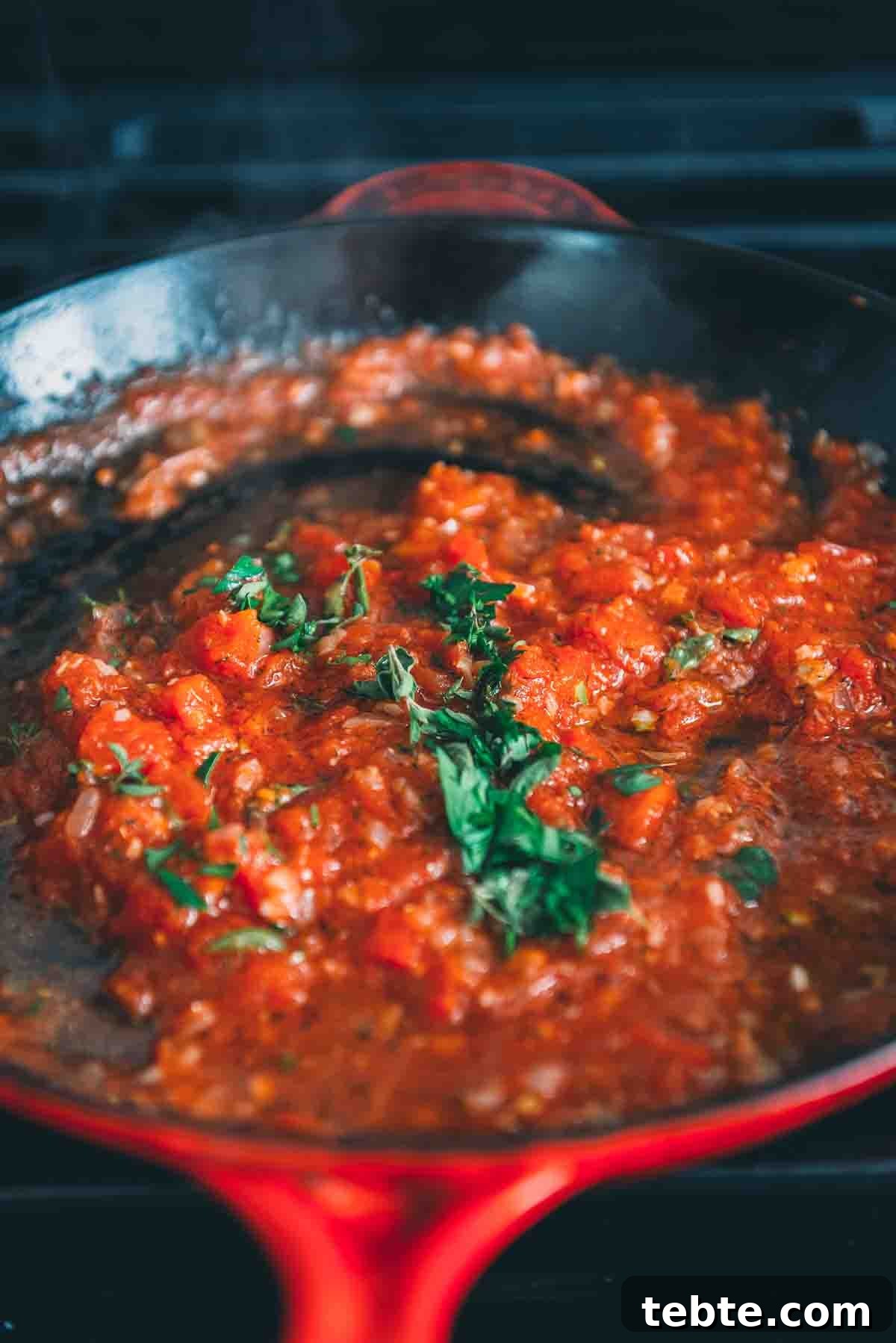 Crispy Halloumi Shrimp Saganaki with Tomato and Feta 7 Herbs on top of tomatoes in the skillet.
