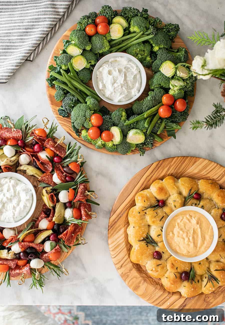 Easy Christmas appetizers on wooden boards.