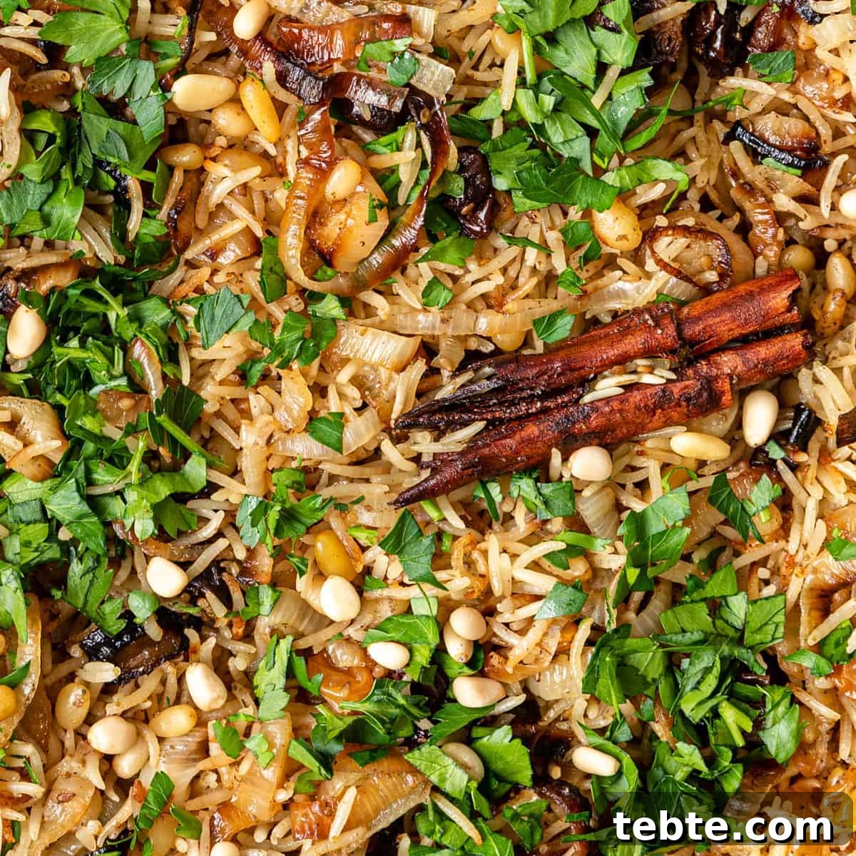Authentic Middle Eastern Rice Pilaf Recipe with Aromatic Spices 2 overhead closeup: rice pilaf recipe with herbs and spices showing