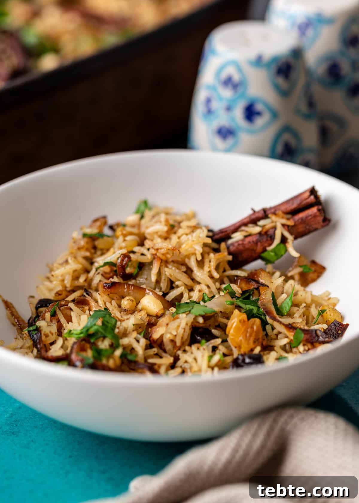 Authentic Middle Eastern Rice Pilaf Recipe with Aromatic Spices 3 side view: bowl of Middle Eastern basmati rice pilaf