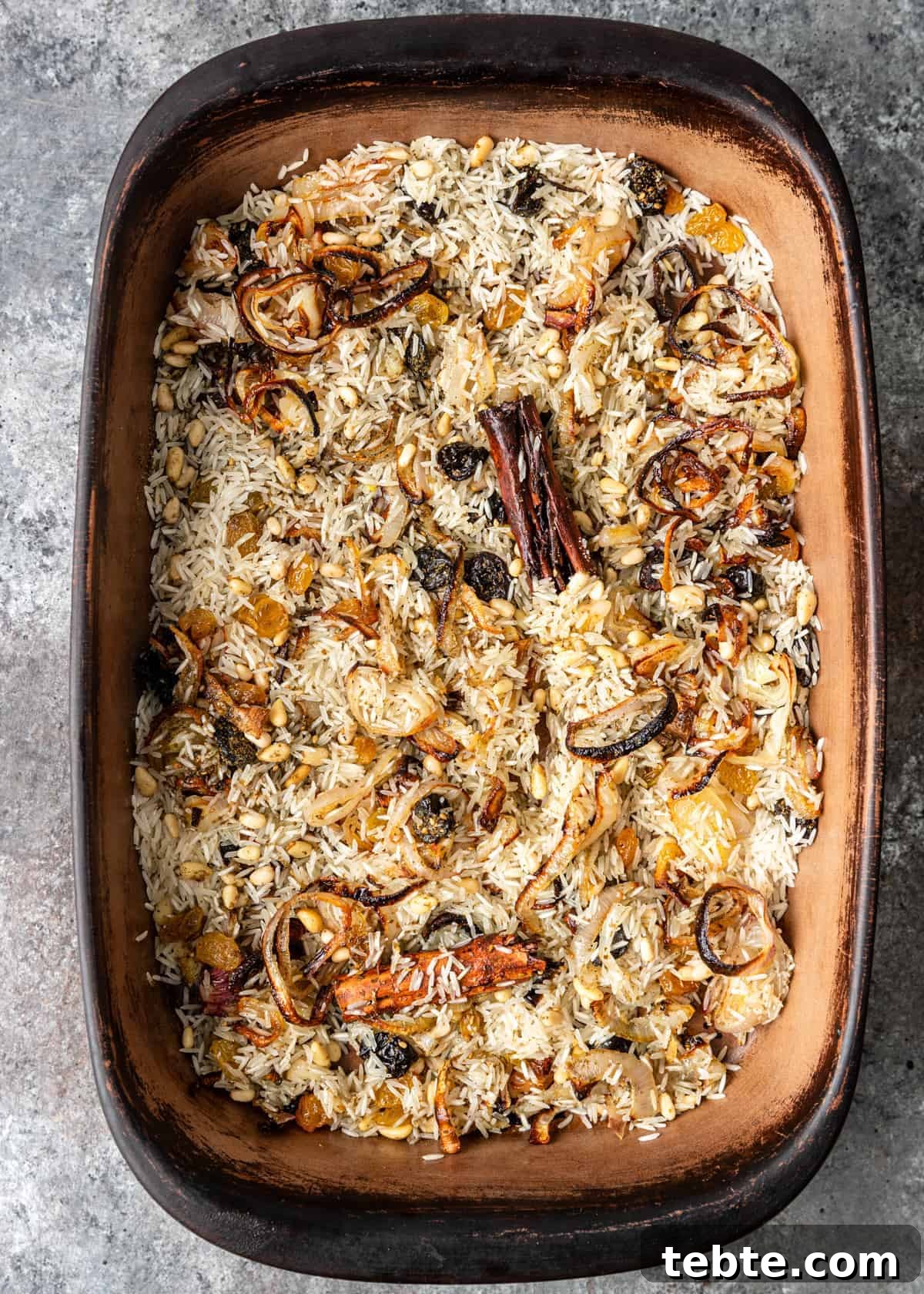 Authentic Middle Eastern Rice Pilaf Recipe with Aromatic Spices 7 overhead: Middle Eastern rice pilaf recipe before baking in oven
