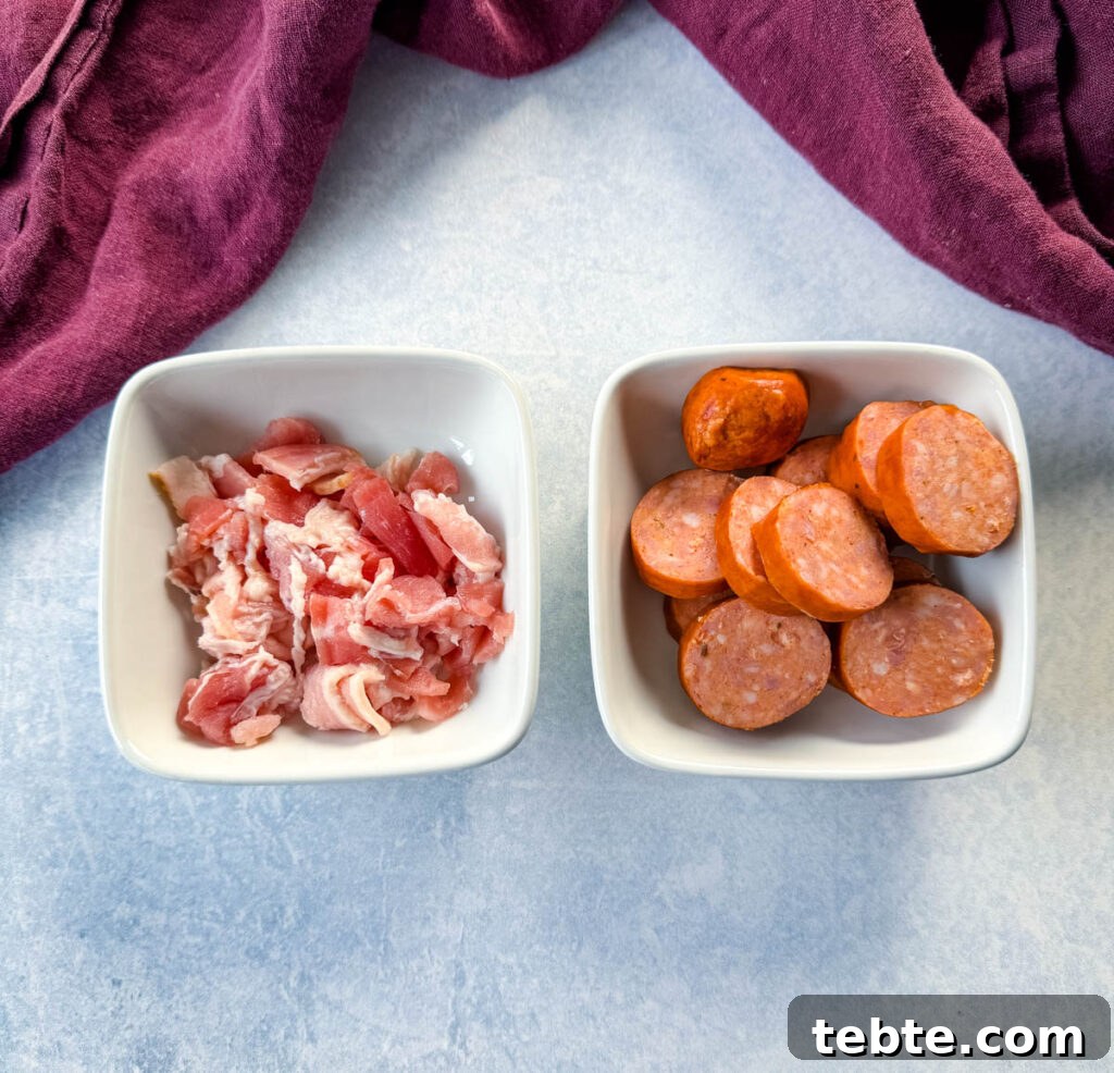 Classic Homemade Pork and Beans Recipe for Comforting Meals 4 uncooked bacon and sausage in white bowls
