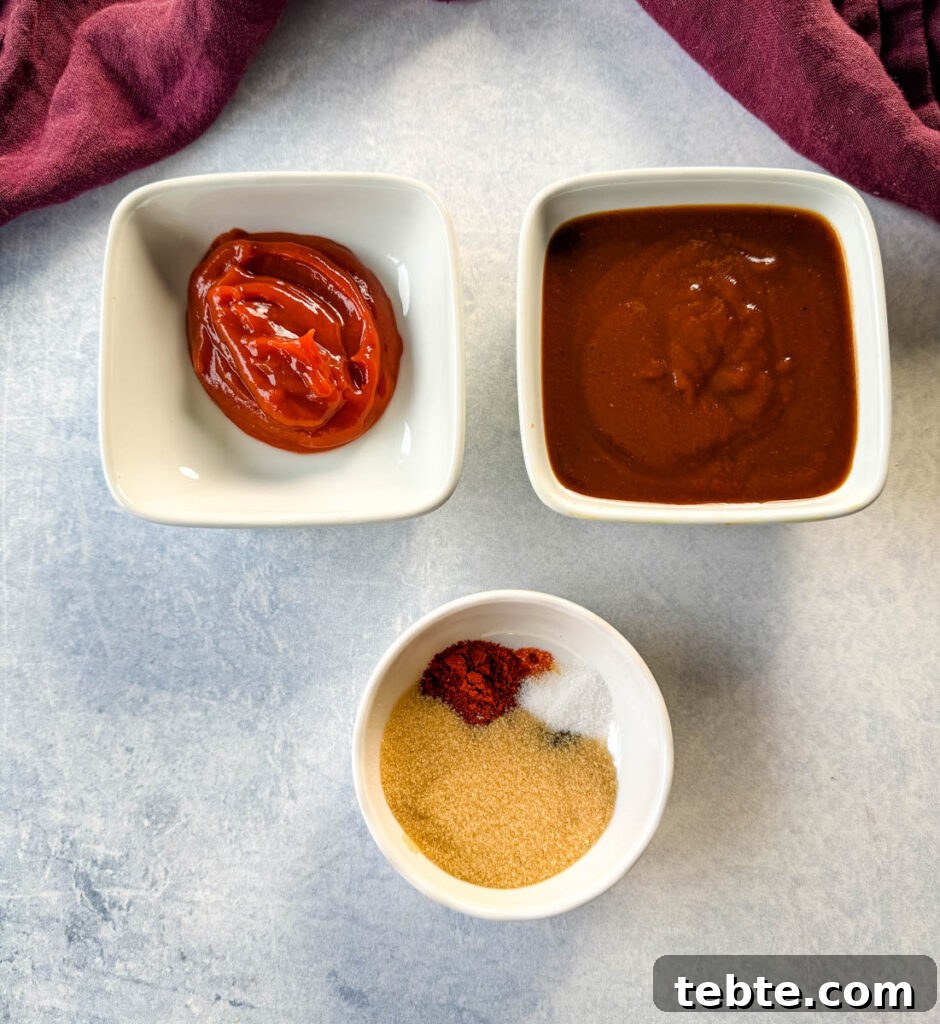 Classic Homemade Pork and Beans Recipe for Comforting Meals 5 ketchup, BBQ sauce, and BBQ rub in separate white bowls