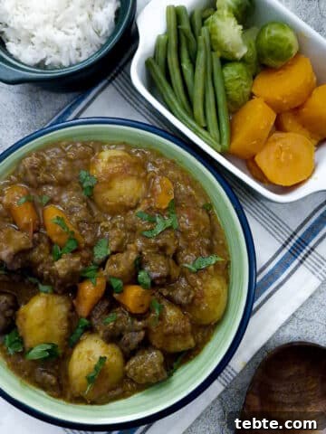 A green serving dish of tamatie bredie, with dishes of vegetables and rice on the table.