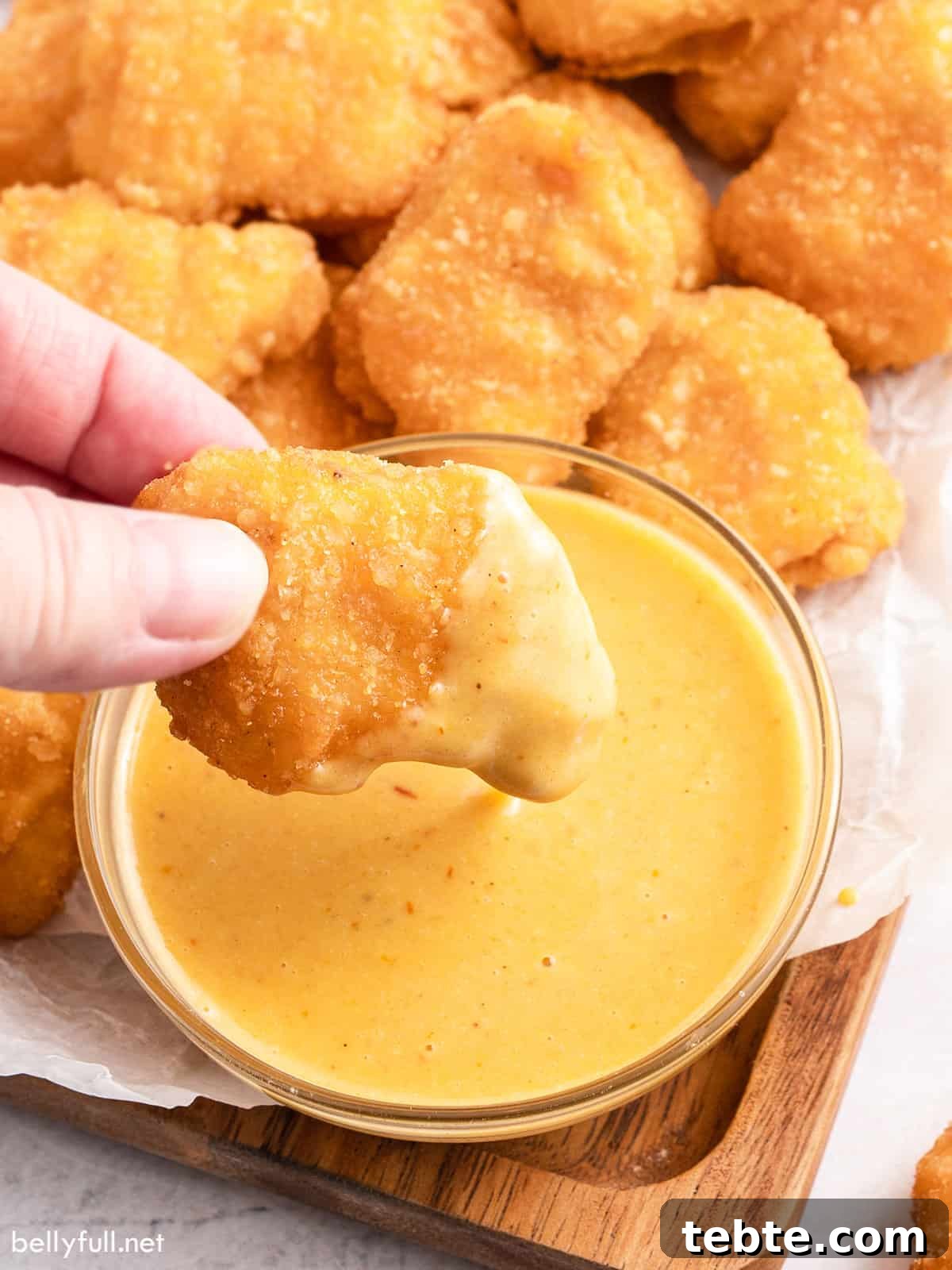 Copycat Chick-fil-A Sauce Recipe: Homemade Dipping Sauce Guide 4 A hand dipping a chicken nugget into chick-fil-a sauce