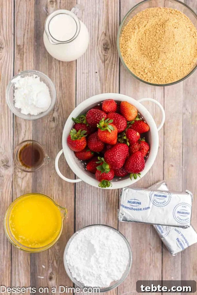 Creamy No-Bake Strawberry Cheesecake Recipe 3 Ingredients for Strawberry Cheesecake - Graham Cracker Crumbs, butter, fresh strawberries, powdered sugar, cornstarch, cream cheese, vanilla extract, heavy whipping cream
