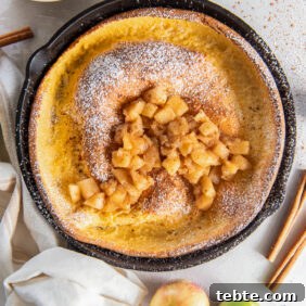Classic Apple Dutch Baby Pancake Recipe for Brunch 12 apple dutch baby in a skillet with hand wrapped with kitchen towel.