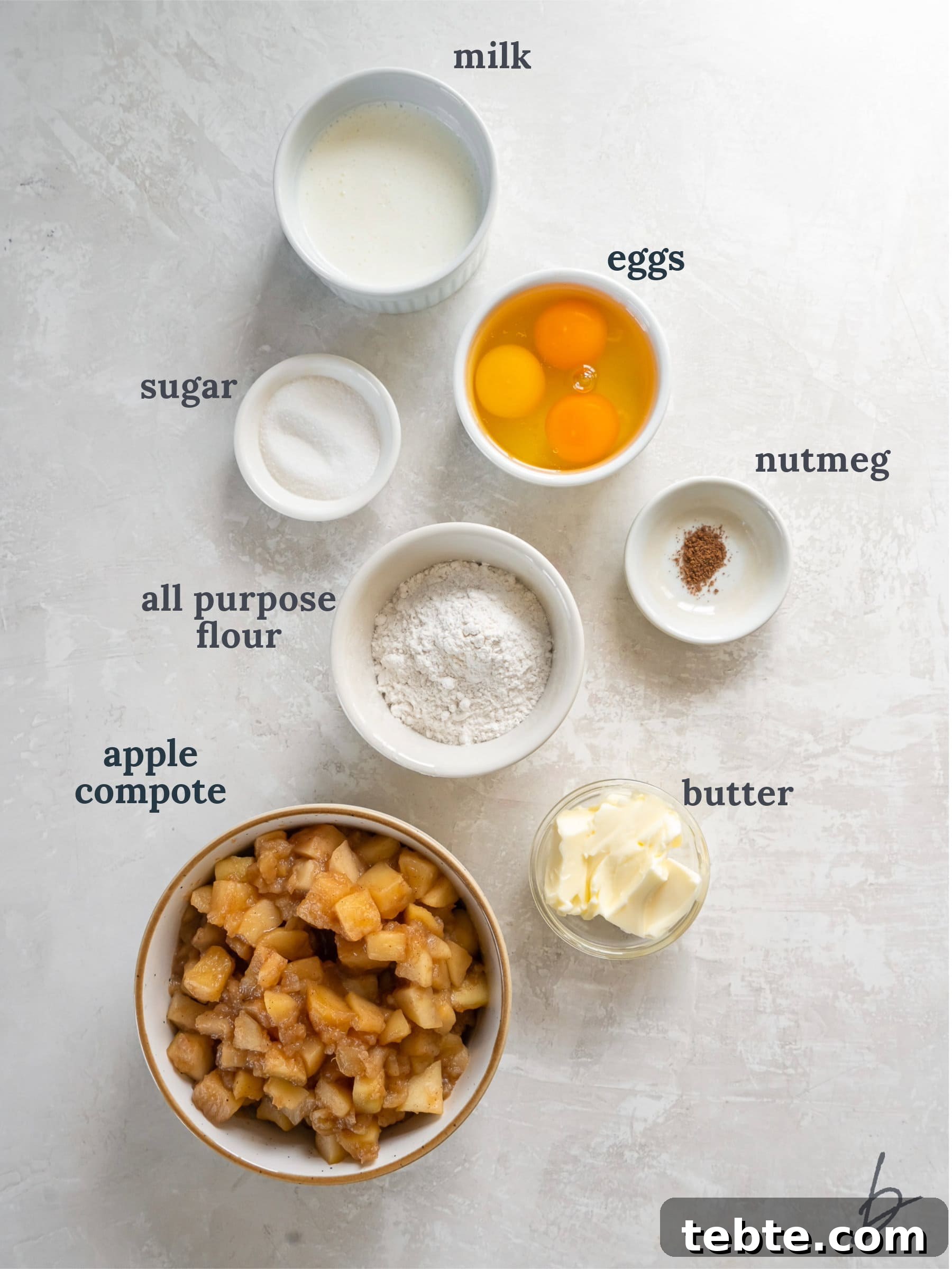 Classic Apple Dutch Baby Pancake Recipe for Brunch 3 bowls of ingredients to make apple dutch baby.