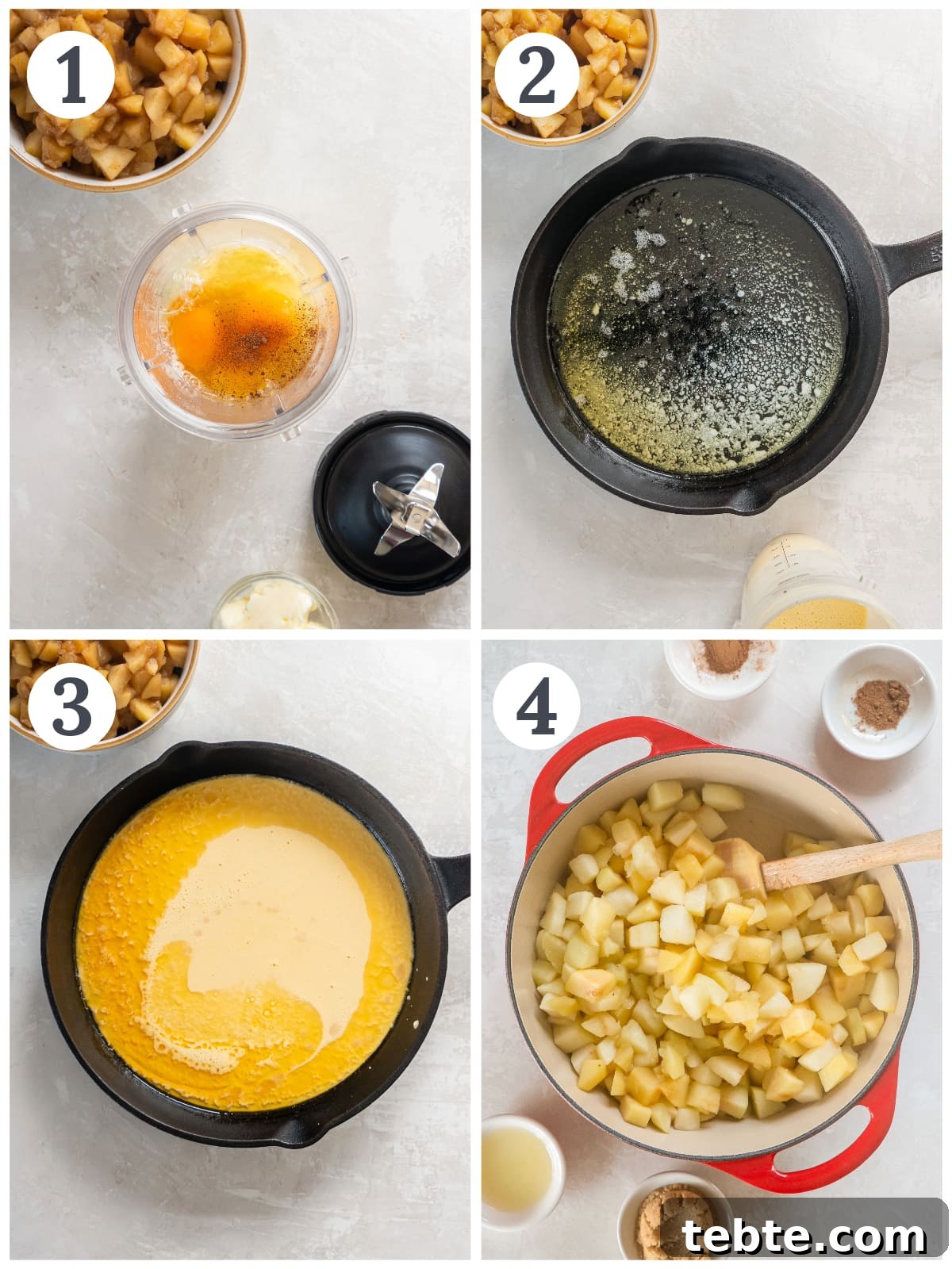 Classic Apple Dutch Baby Pancake Recipe for Brunch 4 photo collage demonstrating how to make dutch baby batter in a blender and add to skillet; apple compote in a dutch oven.