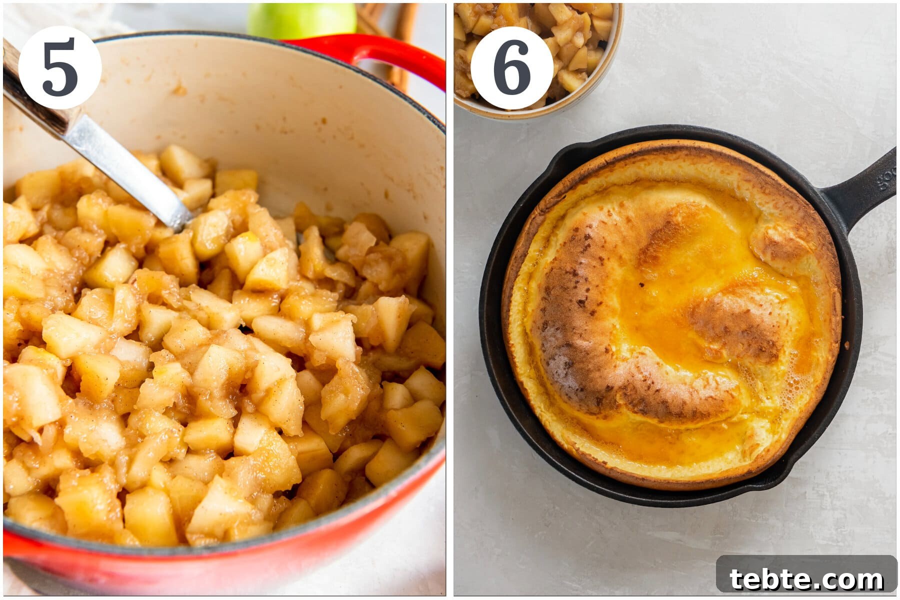 Classic Apple Dutch Baby Pancake Recipe for Brunch 5 photo collage showing finished apple compote in a dutch oven and finished dutch baby in a skillet.