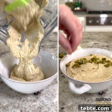 Dill Pickle Hummus: Tangy Chickpea Spread Recipe That Pops 7 Pouring out the creamy dill pickle hummus to a serving bowl and adding diced dill pickle to garnish the top.