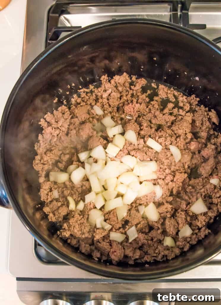 A pot on the stovetop with cooked ground meat and chopped onion in it.