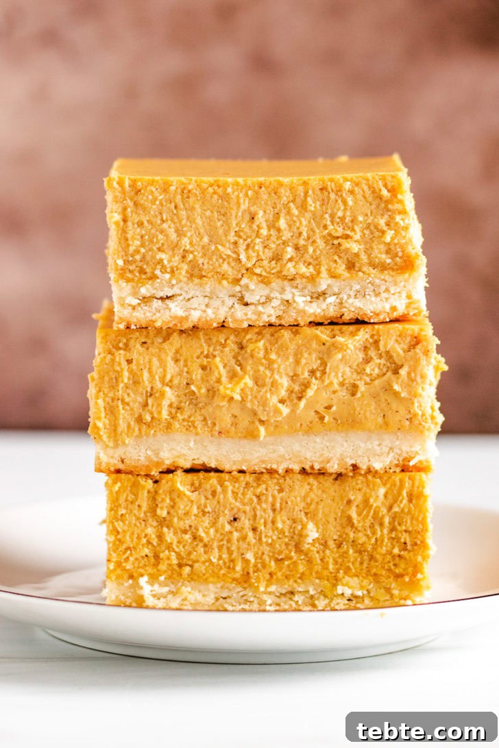 Stack of 3 pumpkin cheesecake bars on a plate.