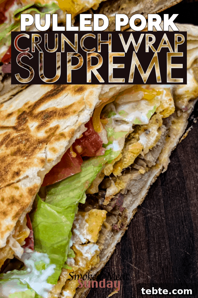 Copycat recipe for crunch wrap supremes using smoked pulled pork leftovers. If you love taco bell, you'll love these! Pulled Pork on a Traeger and then finished in a skillet. #bbqrecipe #leftovers #pulledpork #smokedmeat