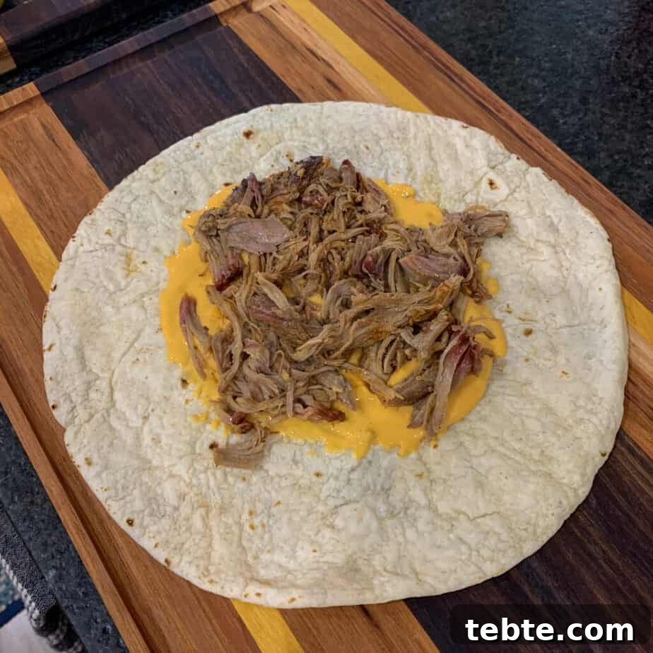 tortilla, queso, and pulled pork  for pulled pork crunch wrap
