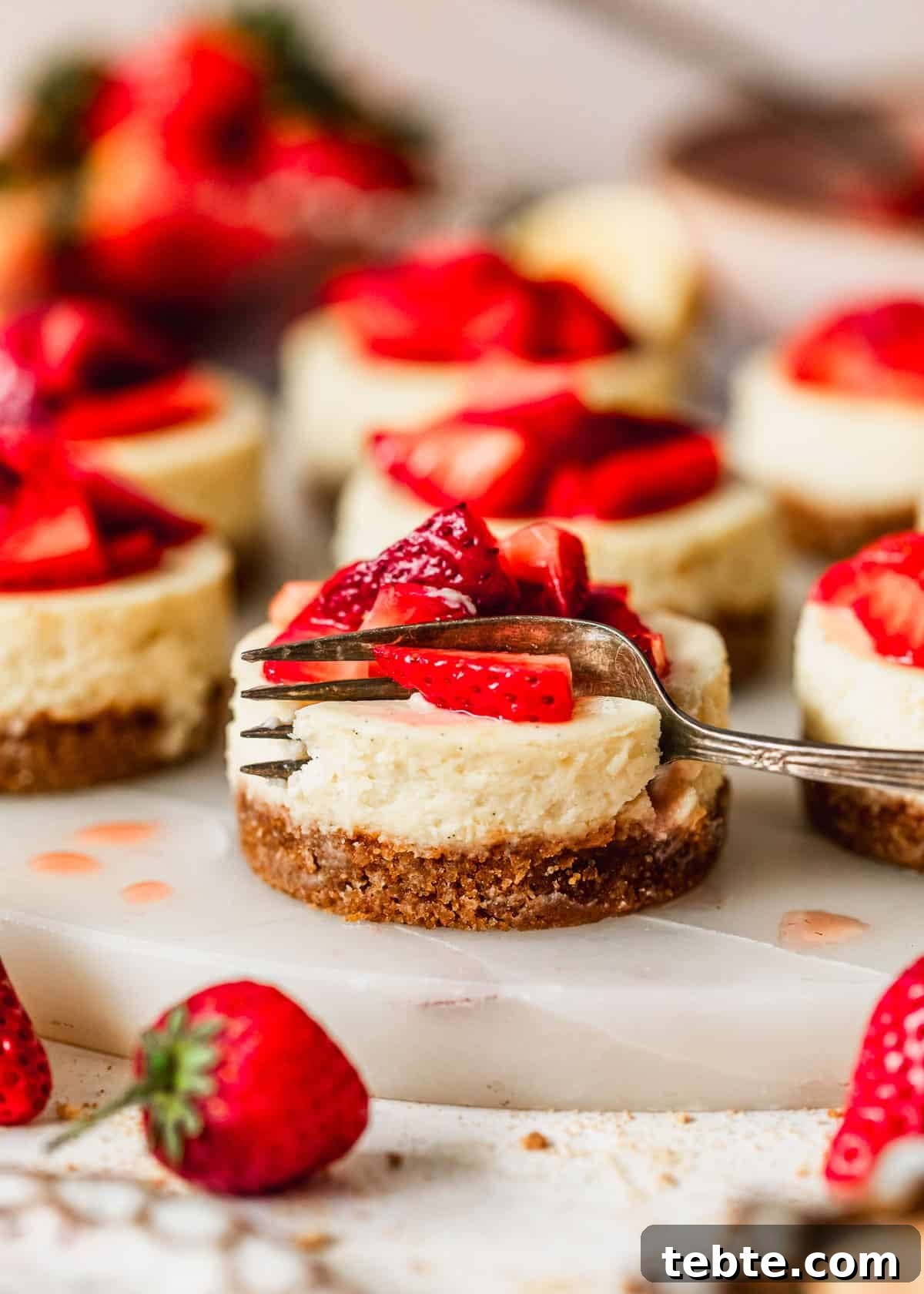 Mini Strawberry Cheesecakes Recipe: Perfect Bite-Sized Treats 18 A fork cutting into a cheesecake on a white platter next to mini strawberry cheesecakes and strawberries on a tan counter.