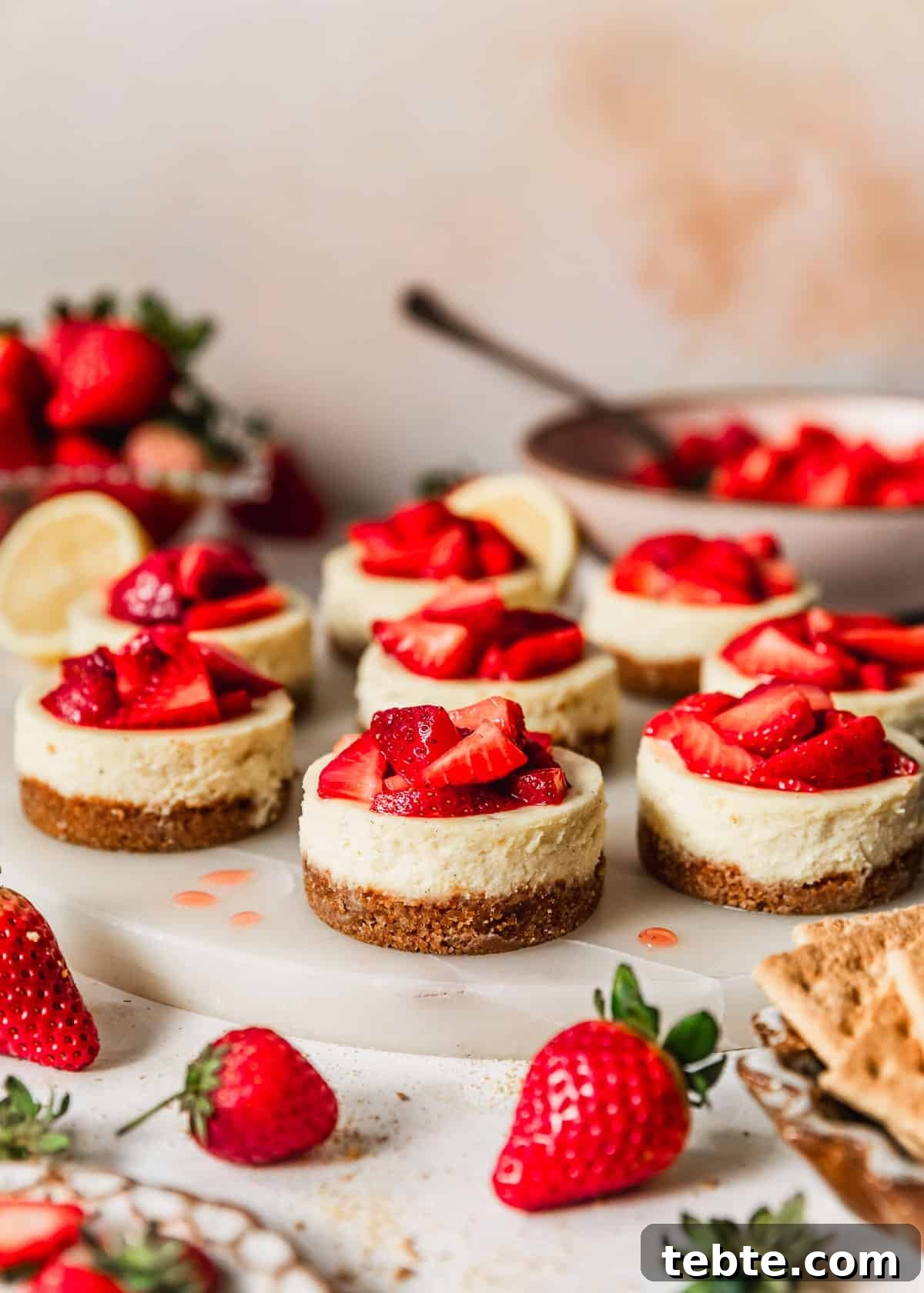 Mini Strawberry Cheesecakes Recipe: Perfect Bite-Sized Treats 19 A marble tray of mini strawberry cheesecakes on a pink backdrop next to lemons, strawberries, and a pink bowl of berries.