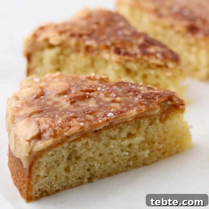 Close up of a slice of Swedish Tosca Cake.