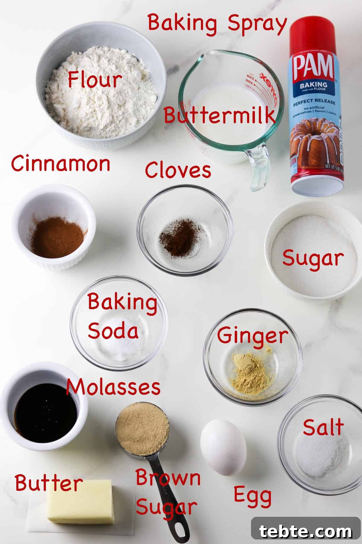 Labeled ingredients for Swedish Spice Cake.