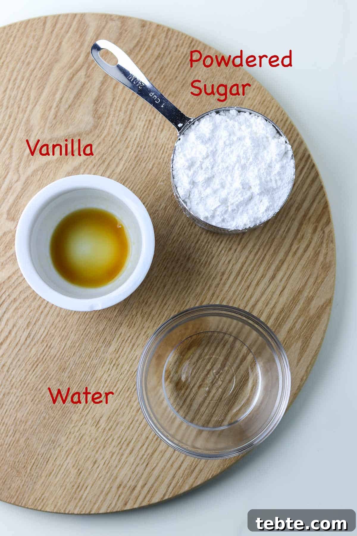 Labeled ingredients for powdered sugar glaze.