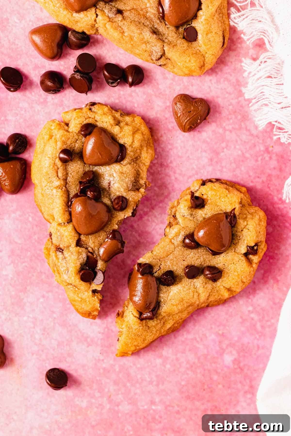 heart shaped chocolate chip cookie broken in half down the middle on pink surface