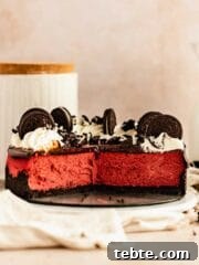 Cut open red velvet oreo cheesecake