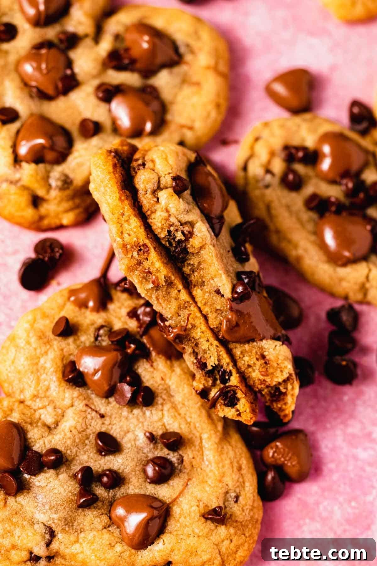 chocolate chip cookie broken in half to show texture