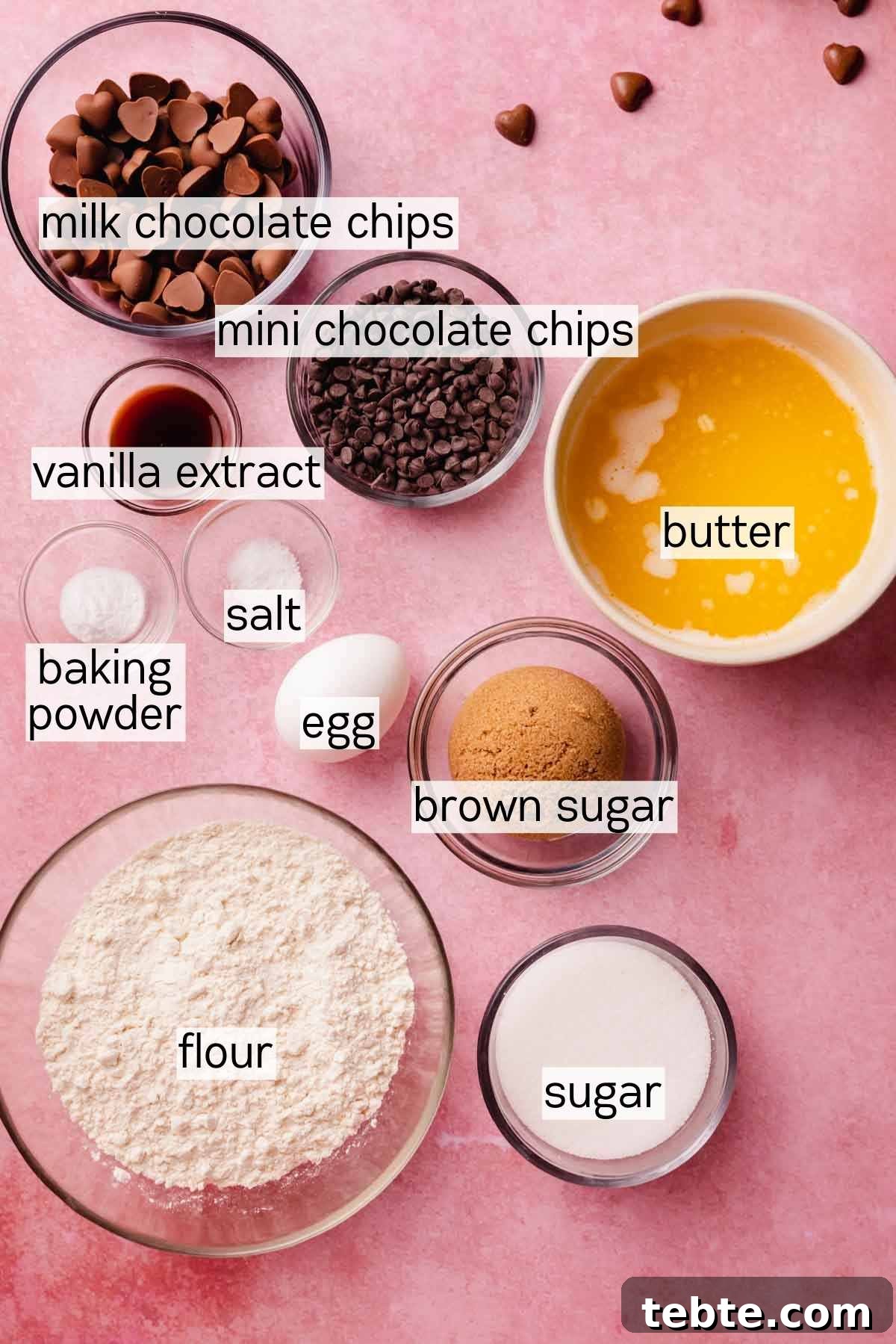ingredients for chocolate chip cookies in glass bowls