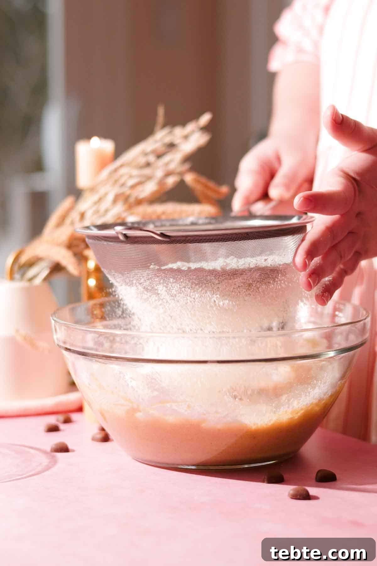 sifting dry ingredients into a glass bowl with a metal sieve
