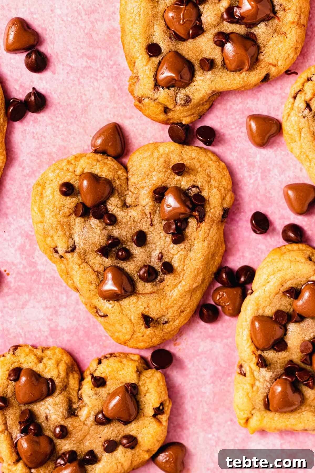 chocolate chip cookie hearts on pink table