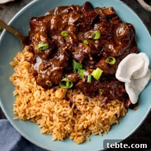 Chinese-Style Beef Curry Recipe: Savory Stir-Fry with Aromatics 6 Close up square image of Chinese beef curry and rice in a blue bowl, garnished with chopped spring onions a couple of prawn crackers.