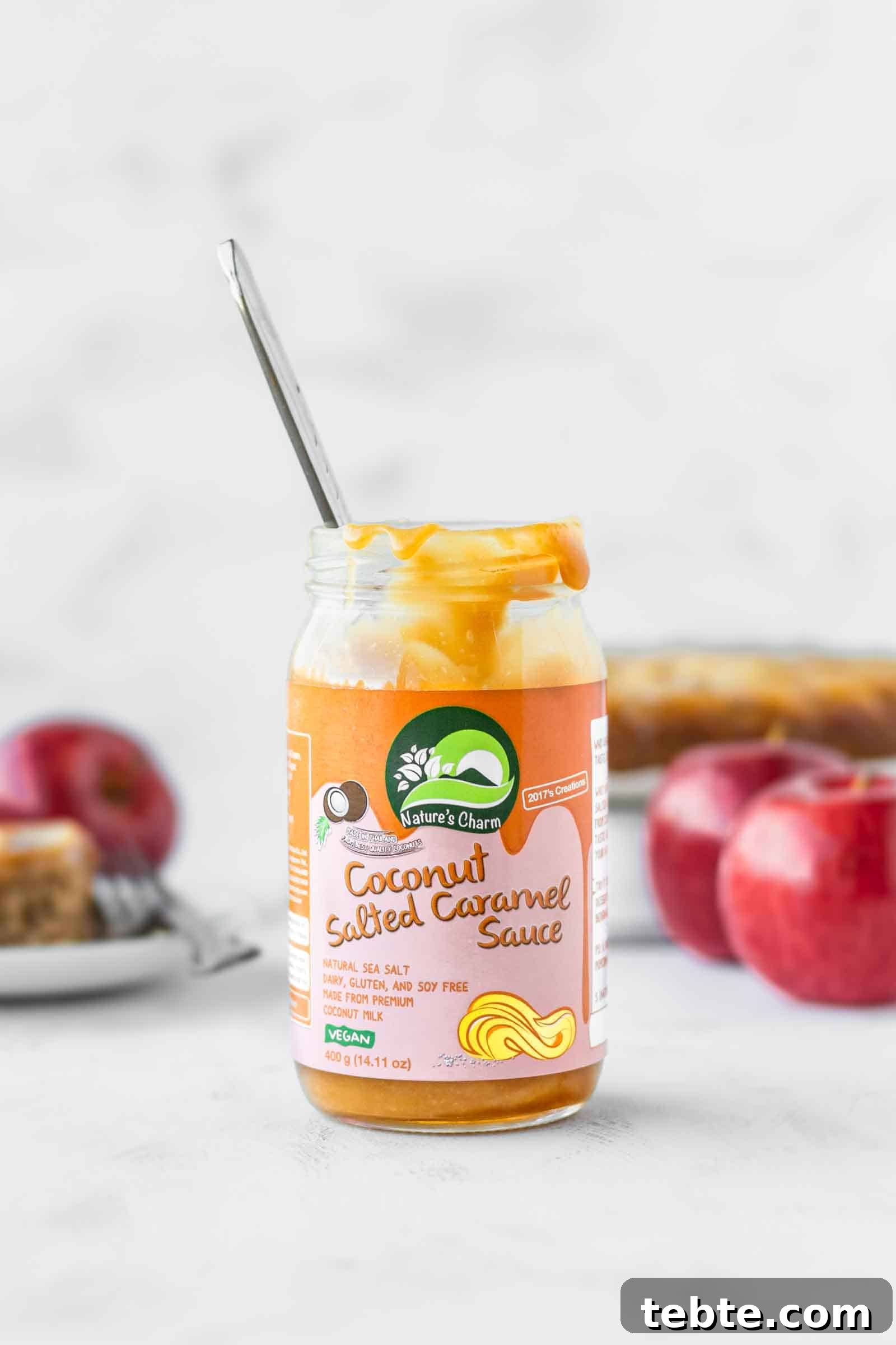 Moist Vegan Apple Cake Recipe with Cinnamon and Maple Glaze 3 A jar of vegan salted caramel sauce.