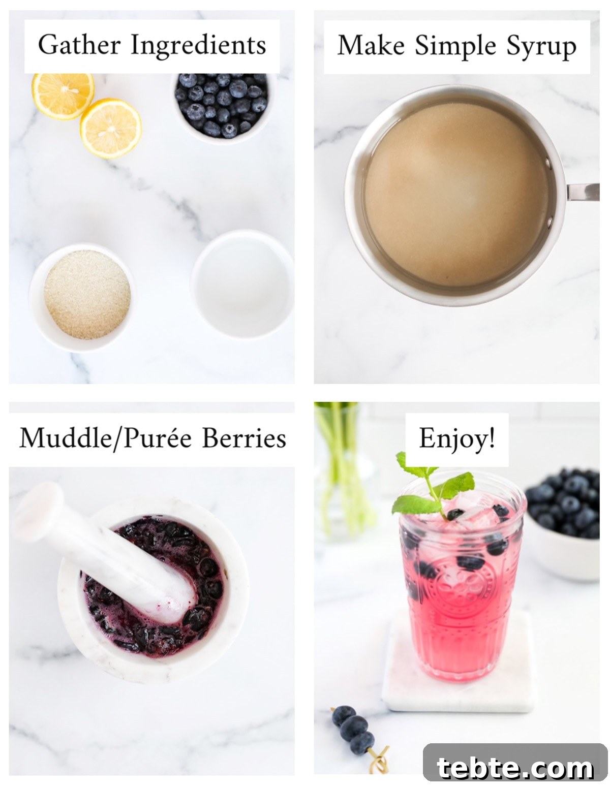 Step by step process of making lemonade including: gather ingredients, make simple syrup, muddle/puree berries, and enjoy!