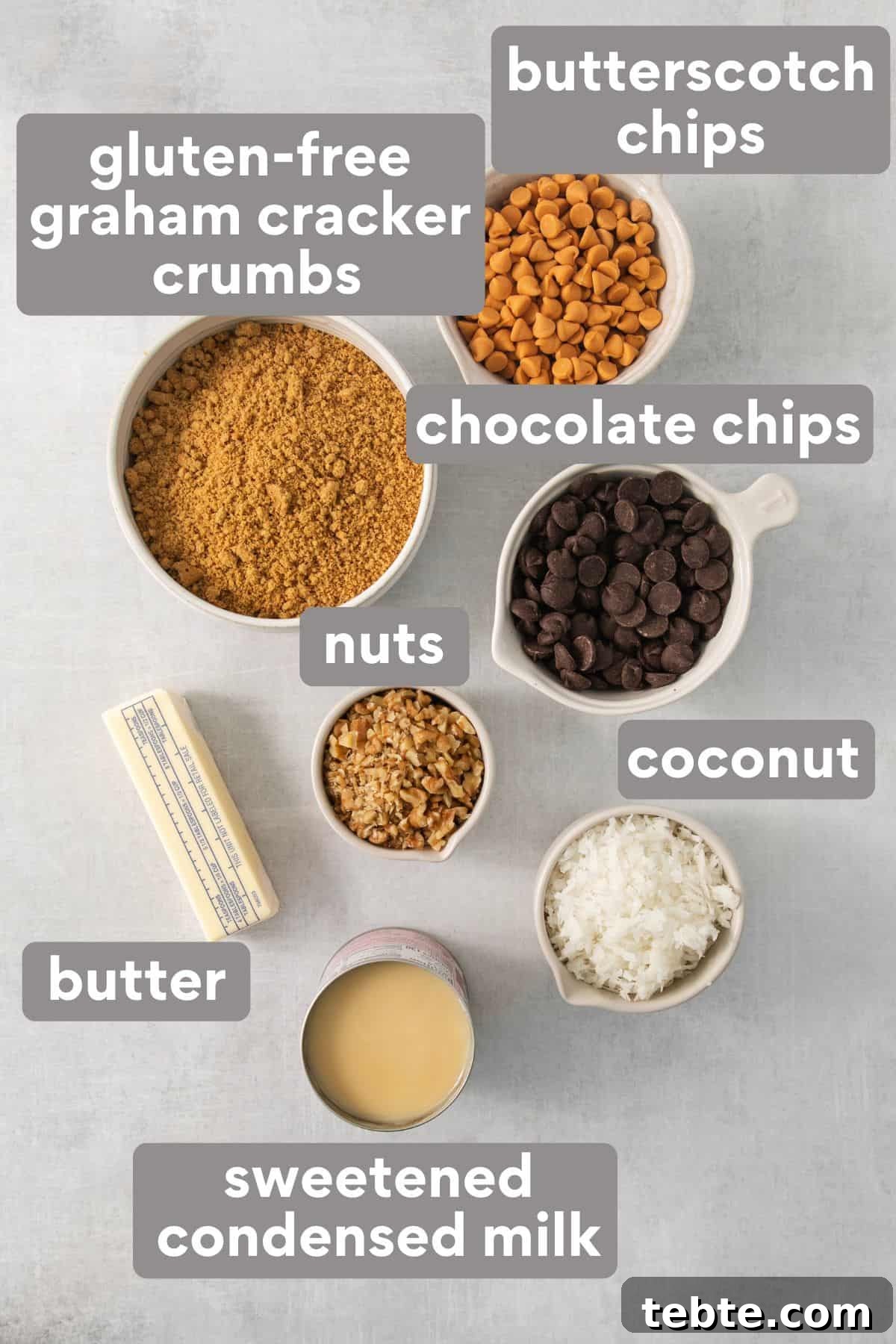 Gluten-Free 7-Layer Cookie Bars: Chewy Chocolate & Coconut Delight 3 7-layer bar ingredients on a countertop