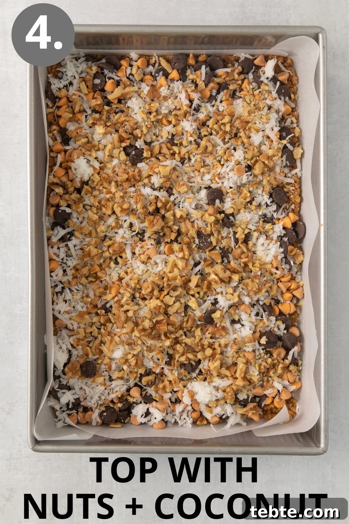 Gluten-Free 7-Layer Cookie Bars: Chewy Chocolate & Coconut Delight 7 nuts and coconut on top of the 7-layer bars