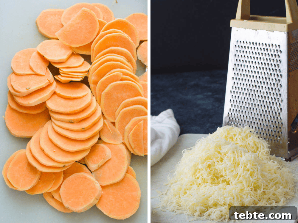 Savory Sweet Potato Casserole with Herbed Panko Topping 3 Slicing sweet potatoes and shredding cheese for this sliced sweet potato recipe.