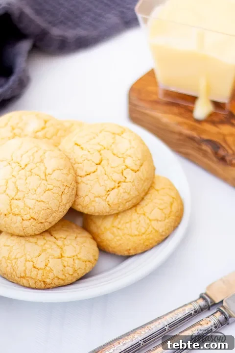 Custard and White Chocolate Cookies Recipe for Crisp, Creamy Treats 5 Custard and white chocolate biscuits on a plate with a tea towel and pot of custard to the side.