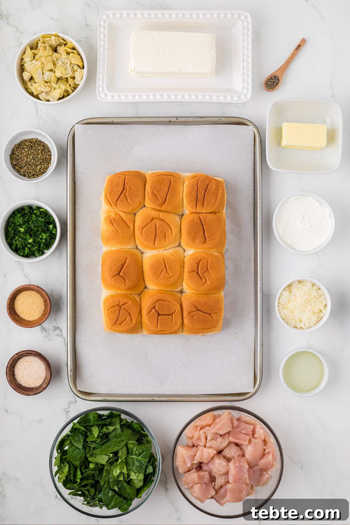 Creamy Chicken and Artichoke Sliders: Savory Party Bites 3 ingredients measured out on counter.