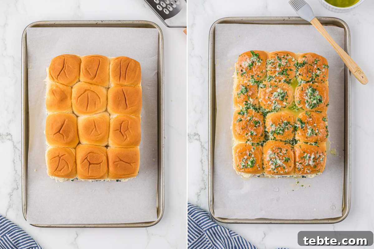 Creamy Chicken and Artichoke Sliders: Savory Party Bites 10 tops of rolls placed on top of filling and brushed with herbed butter.