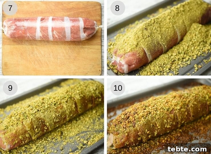 Rolling a pork tenderloin in pistachios Step by step photos for rolling a pork tenderloin
