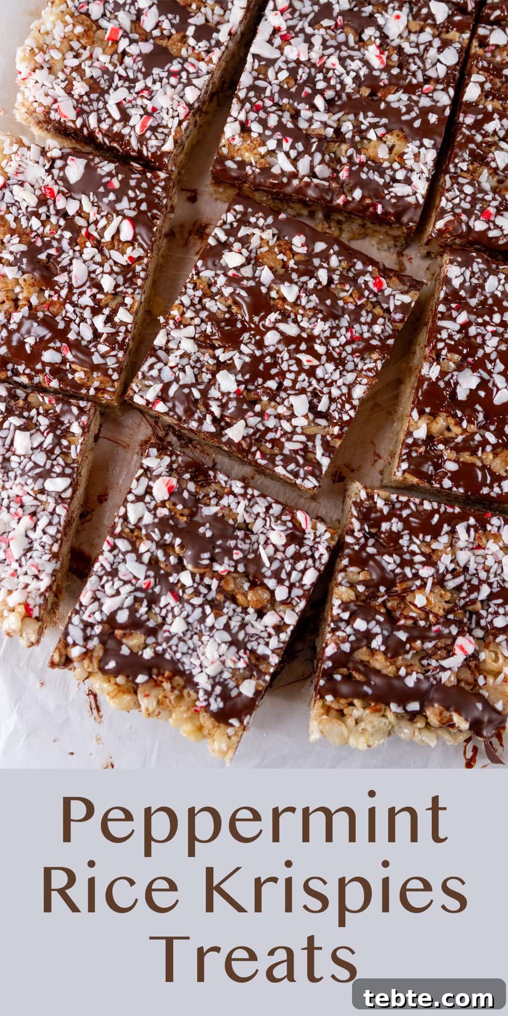 Peppermint Rice Krispies Treats Recipe for Festive Holidays 8 a pan of rice crispy treats that are topped with chocolate and peppermint cut into squares.