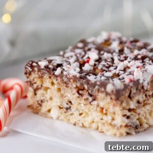 Peppermint Rice Krispies Treats Recipe for Festive Holidays 9 square crop of a Peppermint Rice Krispies Treats topped with chocolate and peppermint candies on a white plate with a candy can next to it.