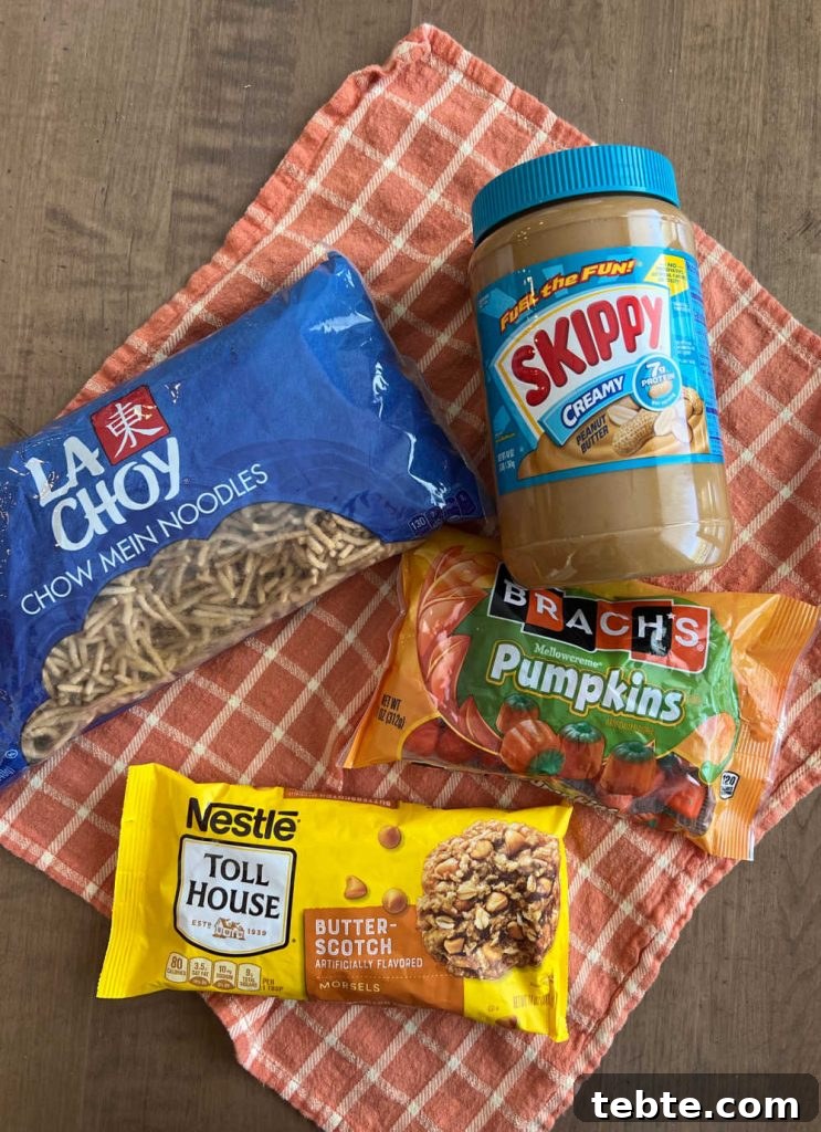No-Bake Chocolate Haystack Cookies 3 chow mein noodles, peanut butter, butterscotch morsels and marshmallow pumpkins
