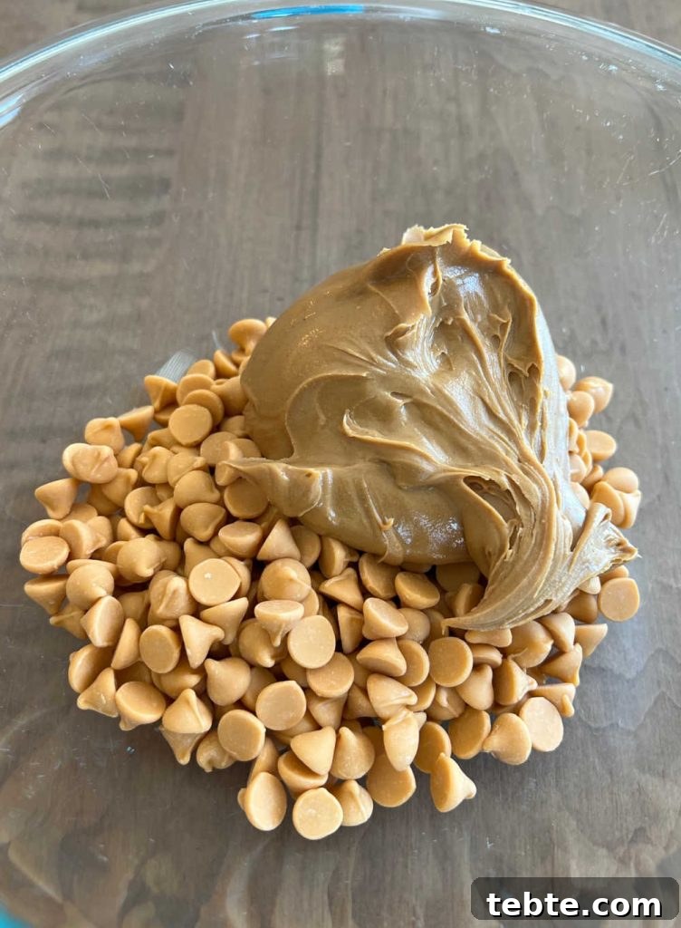 No-Bake Chocolate Haystack Cookies 4 butterscotch morsels and creamy peanut butter in bowl